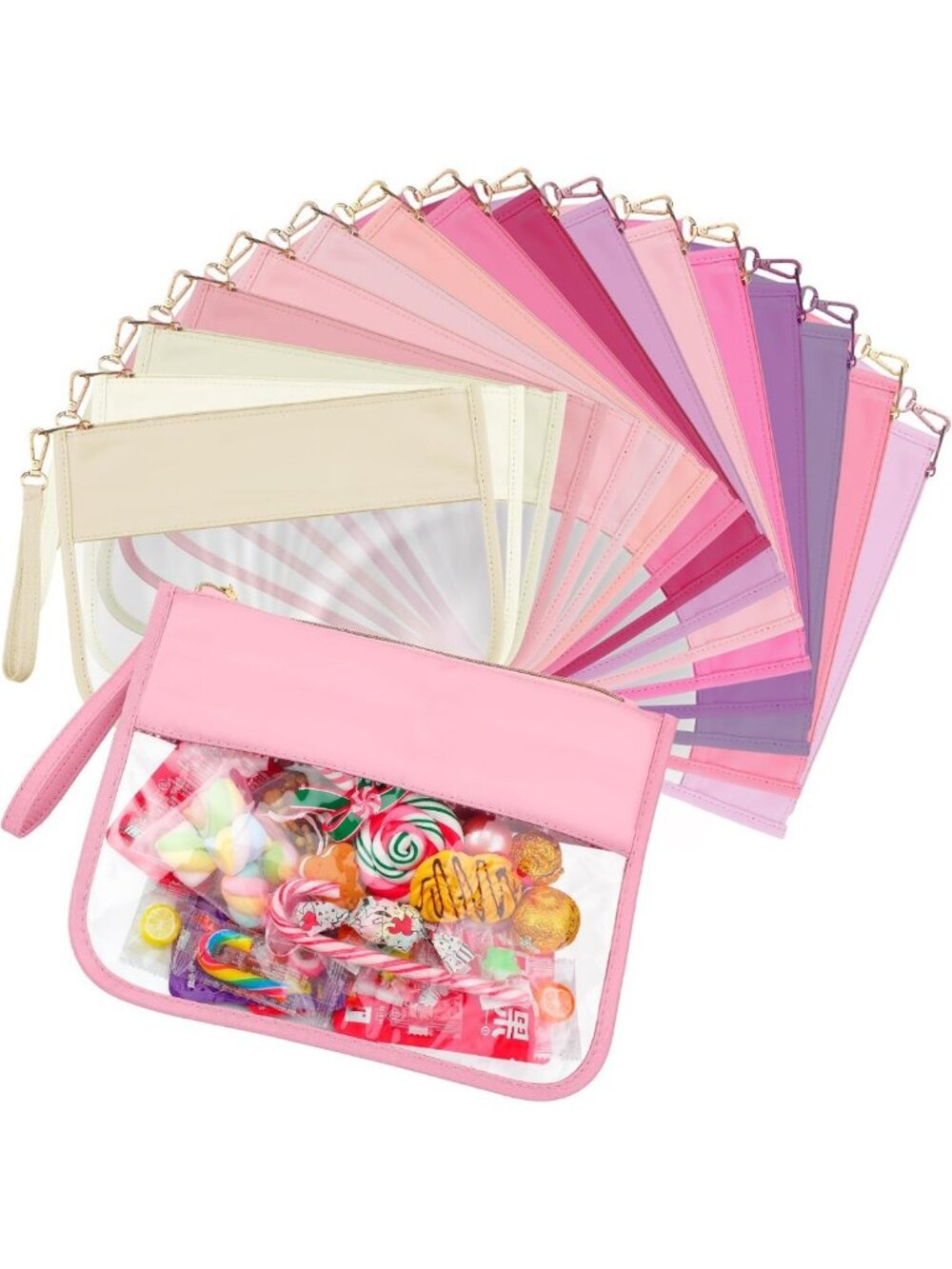 16 Pcs Clear Makeup & Toiletry Bags Set - Travel Snack Pouches in Macaron Pink